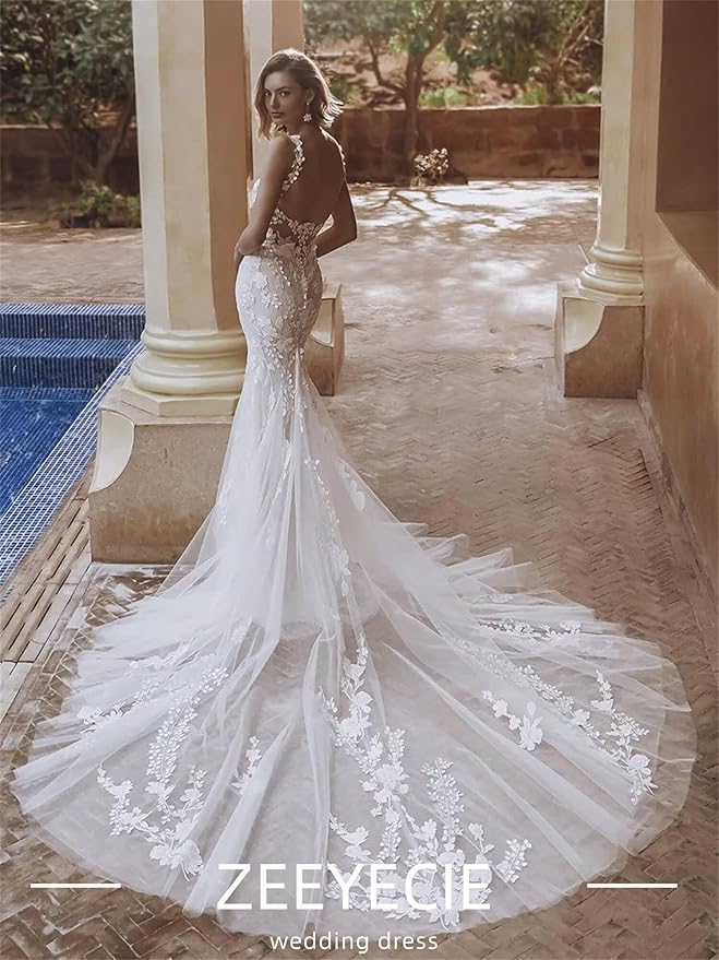 Zeeyecie Mermaid Tulle Wedding Dresses Lace Applique Corset V-Neck Sparkly Bridal Gowns with Train for Brides