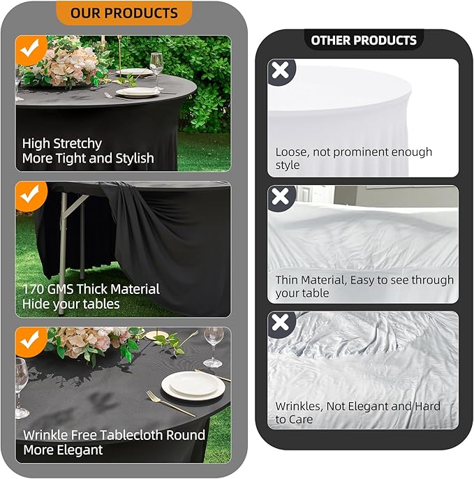 2 Pack Black Round Spandex Tablecloth 60 Inch, Wrinkle Free Stretch 120 Inch Fitted 5ft Black Table Cloths Round Table Covers with Ruffle Skirt for Graduation Wedding Party Banquet