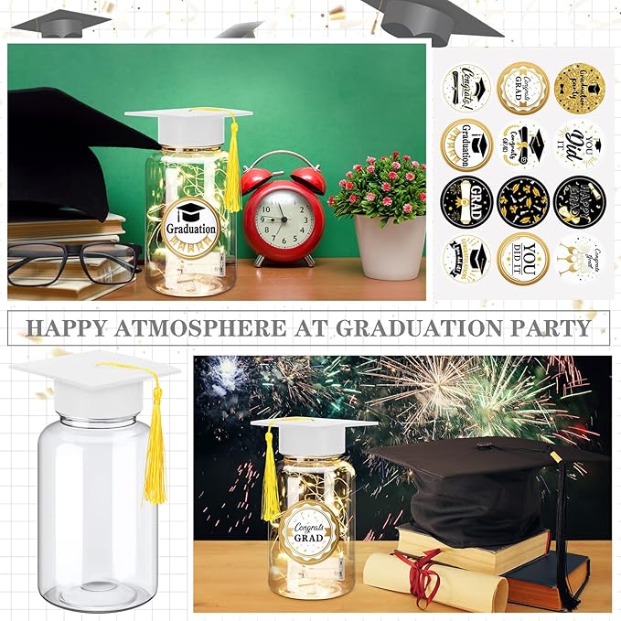 Boao 16 Sets Graduation Table Decoration Set with LED Light up Graduation Decorations for Class of 2026, Grad Jar, Felt Grad Hat and Stickers for High School College(White)