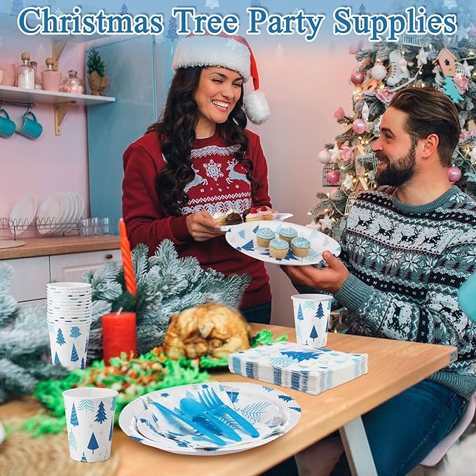 Pickmesh 400 Pcs Winter Party Supplies Blue Silver Xmas Tree Snowflake Disposable Paper Plates Napkins Cups Cutlery for Christmas Xmas Birthday Party Table Decorations Serve 50