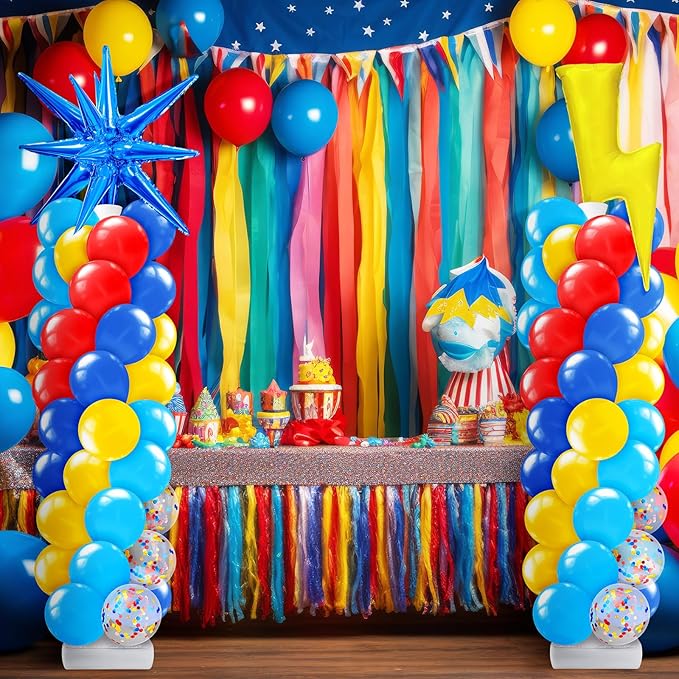 Kasyat 2 Set Red Blue Yellow Balloon Column Stand Kit Cartoon Hedgehog Explosion Star Foil Balloons Arch Garland Kit with Adjustable Stand for Carnival Circus Birthday Party Decorations