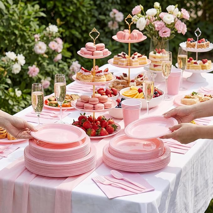 MirthMood 350pcs Pink Plates Disposable Including Pink Plastic Plates, 12OZ Cups, Plastic Cutlery and Napkins Serve 50 Guests for Spring Wedding,Birthday Party Dinner,Valentine's Day