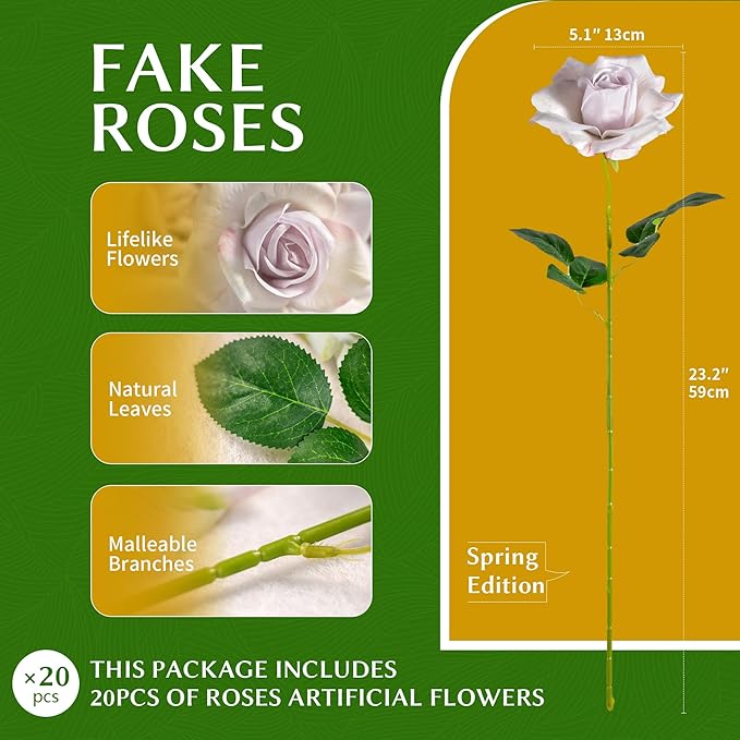 Artificial Flowers Spring Artificial Roses 23.2In Fake Roses Long Stem Artificial Flowers for Tall Vase Suitable for Wedding Party Decor Valentine's Day DIY Bouquet 20PCS White Purple Heart