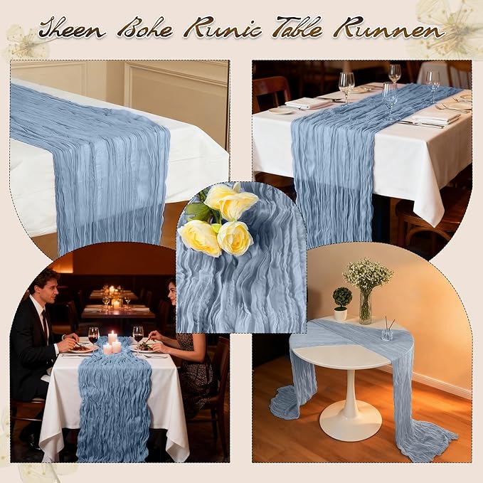 16 Pack 10Ft Cheesecloth Table Runners – Boho Gauze Vintage Table Decor, 120 Inch Long Rustic Cheese Cloth Runner for Wedding, Bridal Shower, Birthday, Romantic Party (Dusty Blue, 24" x 120"-16Packs)