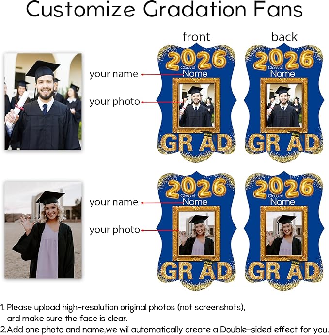 Personalized Graduation Double Sided Face Fan Class of 2026 Customized Graduation Head Face Cutout with Handle Fun Photo Prop Supplies(A-Blue and Gold,24pcs)