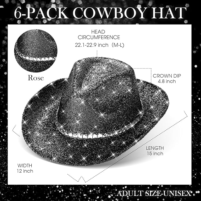Hercicy 6 Pack Western Cowboy Hats with Rhinestone Tassel Bands Sequin Trim Sparkly Cowgirl Party Hats for Adults Women Men