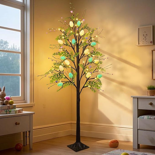 DR.DUDU 5FT Lighted Easter Tree with Timer, Easter Decorations for Home & Porch, Pre-Lit Egg Trees with LED Lights & Colorful Eggs, Indoor Outdoor Spring Decor Party & Office Decoration