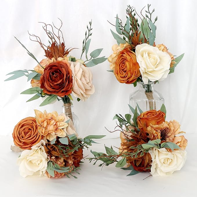 Bridesmaid Bouquets for Wedding - Set of 4 Artificial Flowers Small Bouquet for Fall Marriage Proposal Party Ceremony Anniversary Dining Table Centerpieces - Burnt Orange, 7 Inch