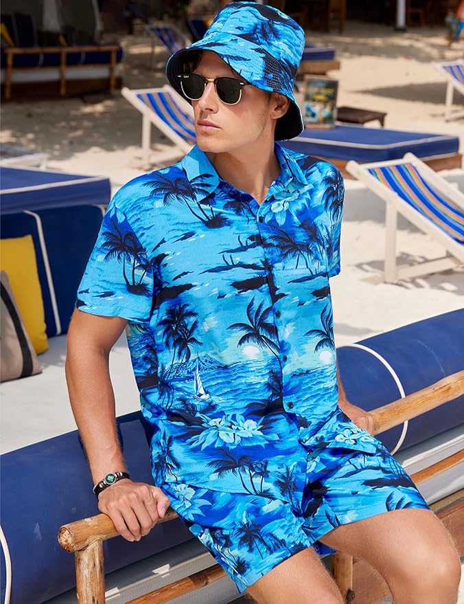 EISHOPEER Men's Flower Hawaiian Sets Casual Short Sleeve Shirt and Shorts Suits Outfits with Bucket Hats