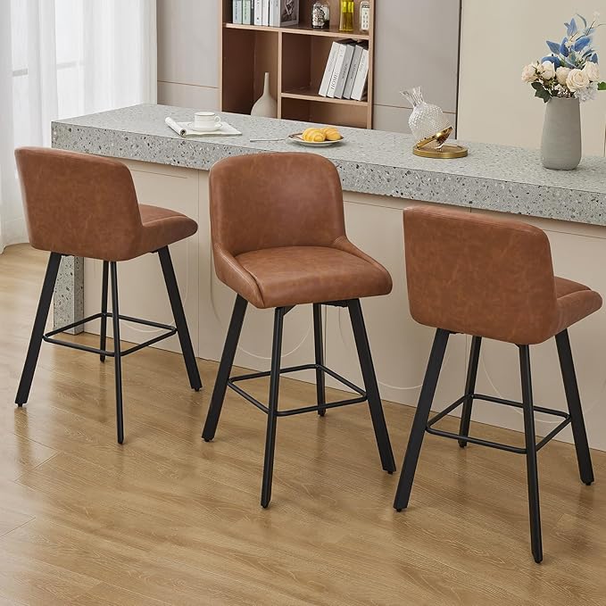 Swivel Bar Stools Set of 3, 29''H Upholstered Barstools with Backs, Modern Counter Height Bar Stool Chairs for Kitchen Island, Metal Legs, Faux Leather, Brown Counter Stools
