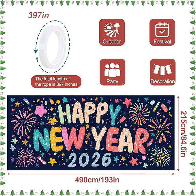 Happy New Year 2026 Garage Door Banner 7x16FT, Colorful Fireworks Garage Door Cover, Large Outdoor New Year Decoration Backdrop for Garage Doors, Fence, Yard, Holiday Party
