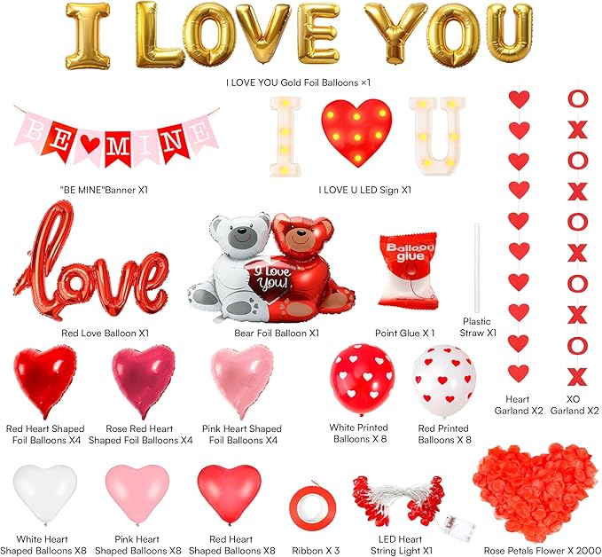 Auihiay Valentines Day Decorations Kit - 236 Inch Hearts LED String Lights, 2000 Rose Petals, XO Heart Garland, I LOVE YOU Light Board & Heart Foil Balloons for Valentine Proposal Wedding Anniversary