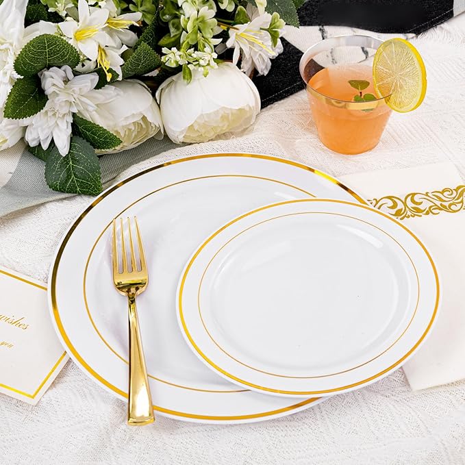 175 Pcs Gold Dinnerware Set, Plastic Plates Disposable for 25 Guests Include:25 Gold Rim Dinner Plates, 25 Dessert Plates, 25 Paper Napkins, 25 Cups, 25 Silverware Set Perfect for Party