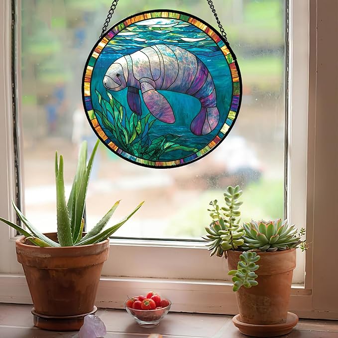 Stained Glass Window Hanging Blue Ocean Seaweed Manatee 9.8" - Suncatcher Door Garden Sunroom Sun Catcher Home Decor Birthday Christmas for Mom Men Woman Nana
