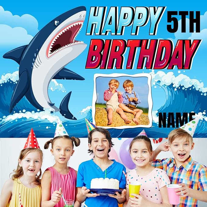Custom Shark Happy Birthday Party Decorations Supplies Personalized Shark Ocean Themed Birthday Backdrop Banner(5x7.5ft)