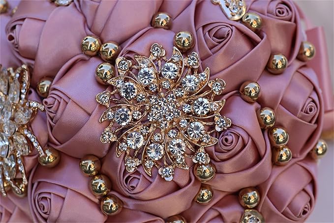 Bridal Wedding Bouquet for Bride Bridesmaid Wedding Quinceanera Throw Toss Artificial Rose Flower Bunch with Bling Brooch (07G#Dark Pink, Large (Dia. 9.8"/24cm))