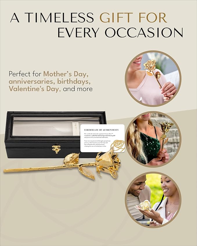 Forever Rose 24K Gold Dipped Real Rose – Handmade, Long-Lasting Preserved Flower in Leather Case – Romantic Gift for Anniversary, Valentine's Day, Mother's Day, Birthday, Wedding, Wife, Girlfriend