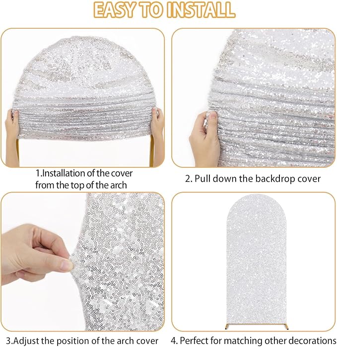 FUHSY Silver Arch Cover 7.2 and 6FT Sequin Arch Backdrop Cover Set of 2 Spandex Wedding Arched Covers Stretchy Backdrop Sparkle Chiara Backdrops Covers for Birthday Party Bridal Shower Ceremony Decor