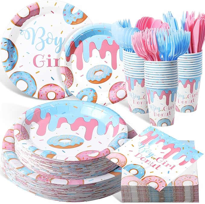 Pickmesh 400 Pcs Donut Themed Gender Reveal Party Supplies Include Boy or Girl Disposable Paper Plates Napkins Cups Cutlery for Blue Pink Gender Reveal Baby Shower Table Decorations Serve 50