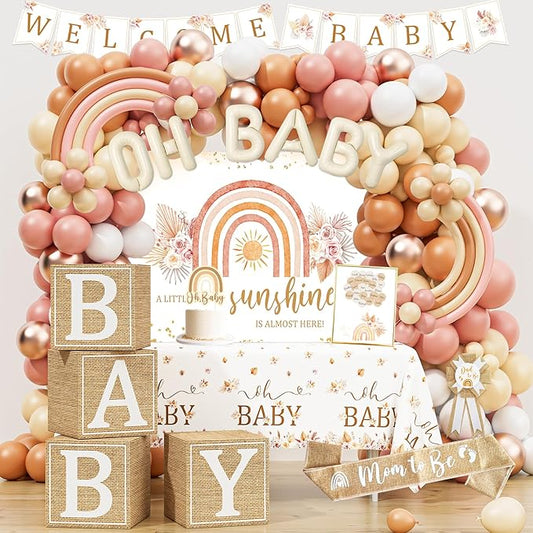 Boho Baby Shower Decorations, Boho Rainbow Baby Shower Party Supplies, A Little Ray of Sunshine is Almost Here, It’s a Girl Gender Reveal, Backdrop Balloon Arch Boxes Mom to Be Sash