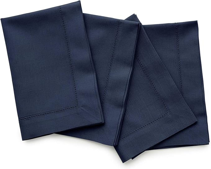 Solino Home Navy Blue Napkins Set of 4 - Cotton Linen Hemstitch Dinner Napkins Cloth 20 x 20 Inch for Winter, Spring, Easter - Handcrafted and Machine Washable