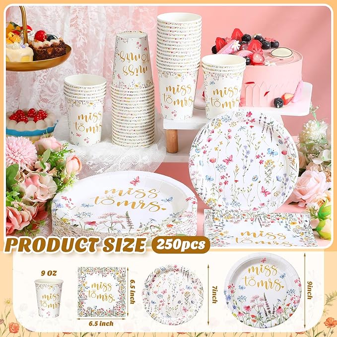 Zhehao 250 Pcs Miss to Mrs. Bridal Shower Plates Napkins Sets 50 Pcs 9'' Dinner Plates and 7'' Dessert Plate and 9oz Cups 100 Napkins Serves 50 Party Supplies Bridal Shower Engagement Decoration