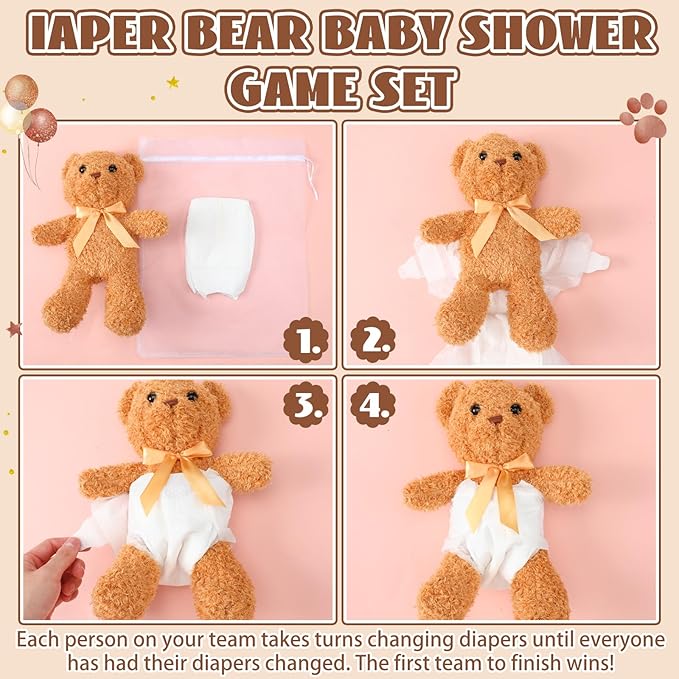 8 Sets Bear Blindfolded Diaper Changing Baby Shower Games Baby Dolls Diapers for Bridal Shower Gender Reveal Games Prizes Gifts for Adults Boys Girls (Brown,White)