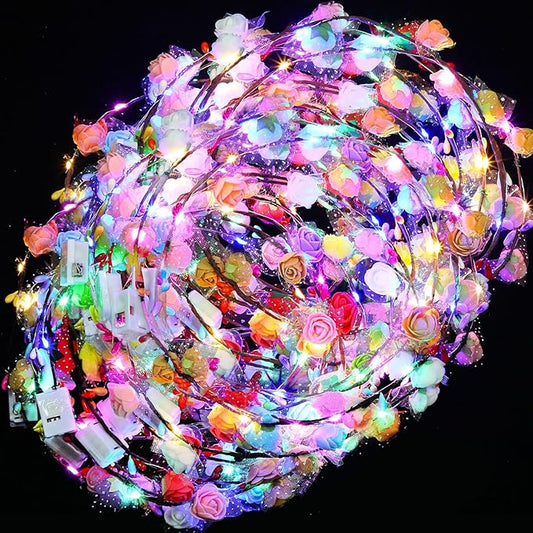 Syhood Valentines Day Gifts, 50 Pcs LED Flower Crowns Headbands, Light up Flower Crowns for Women, Glow in the Dark Headband for Wedding Birthday Mardi Gras Cosplay Princess Party Favors(Plum Blossom)