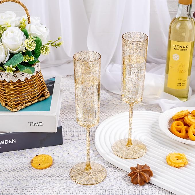 YOUBET 24 Pack Plastic Champagne Flutes - 6 Oz Gold Glitter Disposable Champagne Glasses - Square Plastic Wine Cups Wedding Toasting for Party Birthday Anniversary