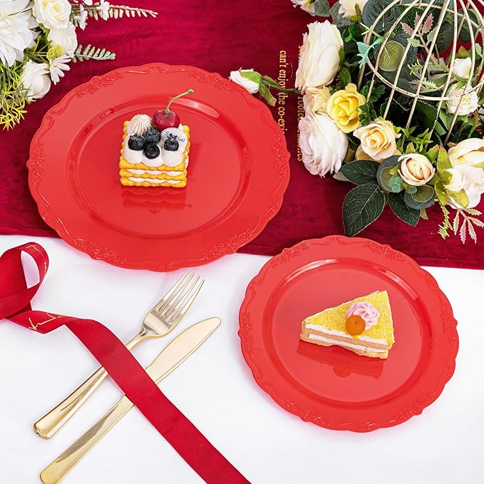 U-QE 100PCS Red Plastic Plates - Heavy Duty Valentines Plates Disposable, Red Plates Disposable Include 50PCS 10.25" Dinner Plates and 50PCS 7.5" Dessert/Salad Plates for Valentine's Day, Party