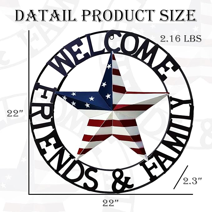 JoyEvy 22" Patriotic Metal Barn Star Welcome Sign Wall Sculptures, American Flag Design Outside Wall Decor,Metal Star for Indoor or Outdoor ,Texas Stars for Western Country Farmhouse Primitive House Decoration