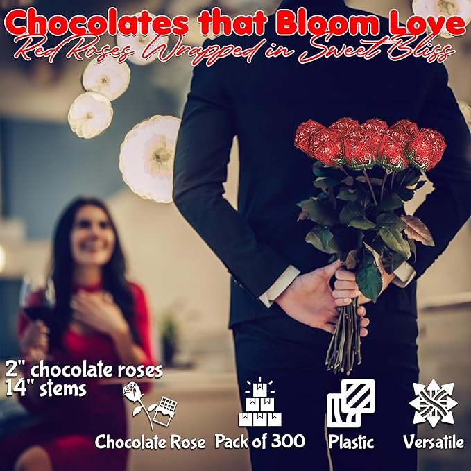 300 Pieces Bulk Red Foil, individually Wrapped Milk Chocolate Roses - 14 Inch Long Stem, Red foil wrapped Candy flowers gifts for Mother's day, Valentine's day, Graduation
