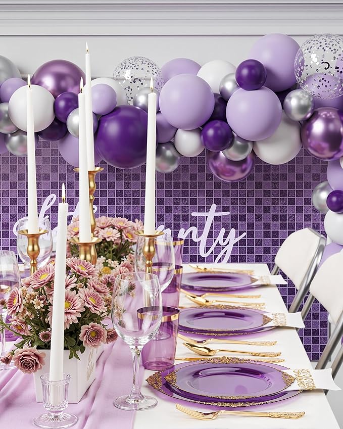 Nervure 175PCS Clear Purple Plastic Plates - Purple Party Plates Set for 25 Guests Include 25Dinner Plate, 25Dessert Plate, 25Cups, 75 Cutlery, 25Napkins Perfect for Wedding, Party & Bridal