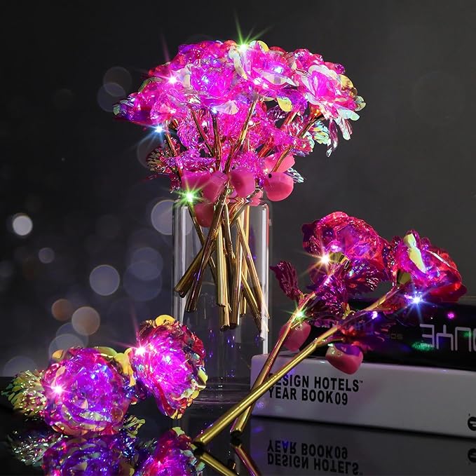 Lyrow 24 Pcs Valentines Galaxy Rose LED Light up Rose Flower Gifts Crystal Artificial Rainbow Flower for Valentine Lover Girlfriend Mom Her Mother's Day Birthday Wedding Gift, 9.84 Inches (Pink)
