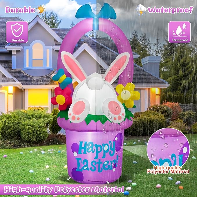 MICOCAH 6 FT Easter Inflatables Outdoor Decorations, Inflatable Easter Bunny Hidden in Flowers Basket Built-in LED Lights Cute Blow Up Yard Decoration for Spring Holiday Party Lawn Garden Decor