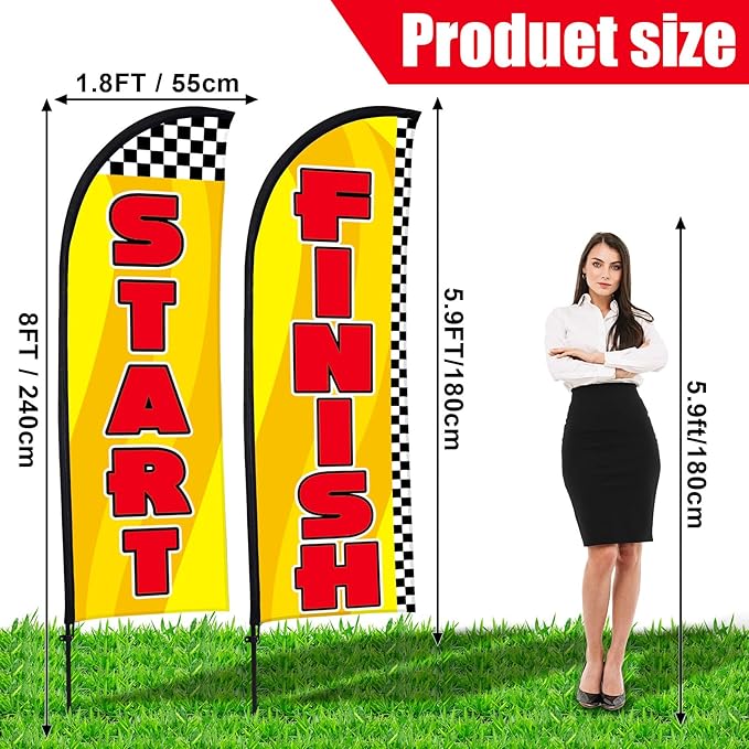 Buryeah 2 Sets Start and Finish Feather Flag 8 ft Start Finish Advertising Banner Swooper Flag with Pole Kit and Ground Stake for Marathons and Special Events Outside, Yellow