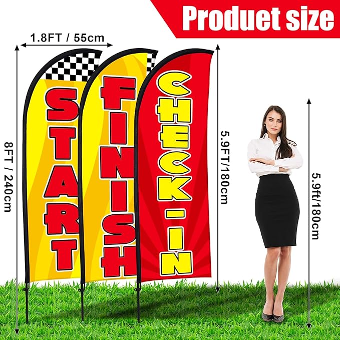 Buryeah 3 Sets Start Finish and Check-in Feather Flag 8 ft Start Advertising Banner Swooper Flag with Pole Kit and Ground Stake for Marathons and Special Events Outside, Red and Yellow