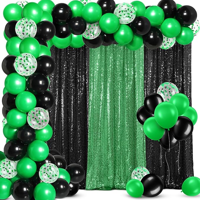 137 Pcs Green Black Party Backdrop Kits- 4 Sequin Curtains Backdrop 133 Balloon Arch Kit, Glitter Photo Background for Birthday Christmas New Year Eve Graduation Anniversary Baby Shower