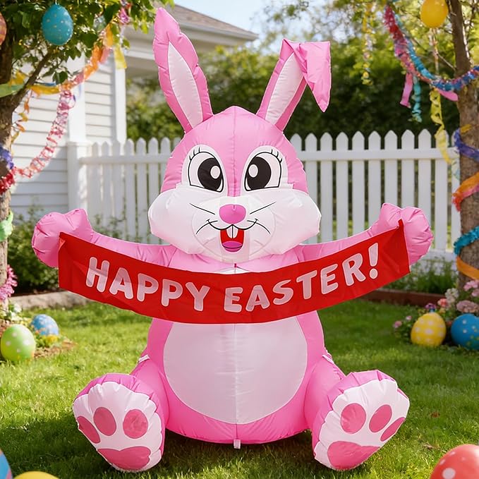 Dearsun 5FT Adorable Easter Inflatable Bunny Holding a Banner, Easter Blow up Yard Decorations Giant Pink Bunny with LED Lights for Holiday Party Indoor Outdoor Decor