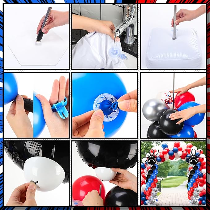 Kasyat 2 Sets Spider Party Balloon Column Stand Kit with 2 Spider and 100 Red Blue Black Latex Balloons, Adjustable Arch Stands for Birthday Baby Shower Hero Theme Party Decorations