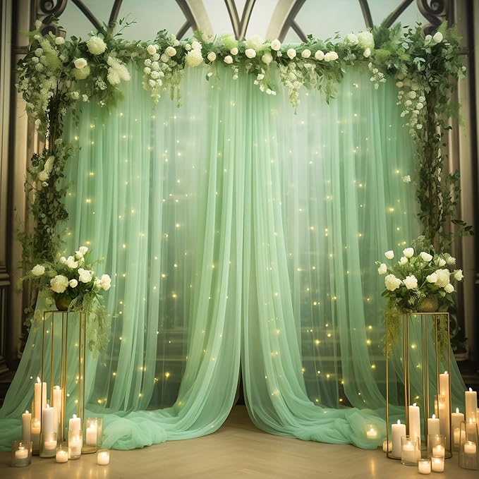 20x10ft Green Tulle Backdrop Curtain with Lights String for Parites, Sheer Photo Backdrop Curtains with Lights for Wedding Backdrop Ceremony Reception Bridal Shower Baby Shower Birthday Party