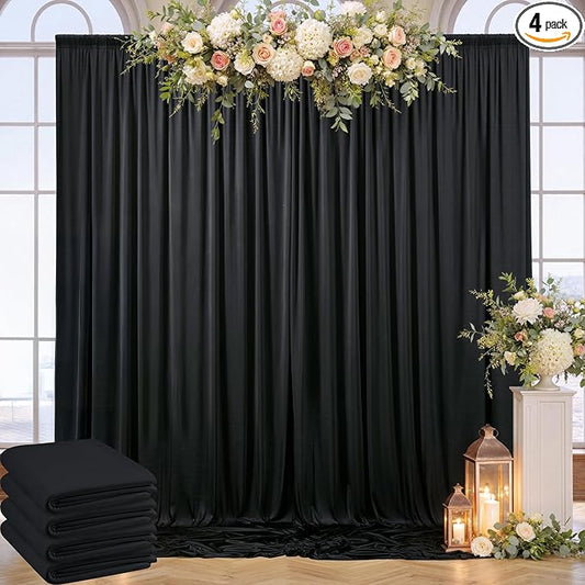 20ft x 10ft Wrinkle Free Black Backdrop Curtain for Parties Weddings, 4 Panels Silk Polyester Black Drapes for Backdrop 10 ft Photo Back Drop Cloth for Birthday Graduation Photography Background