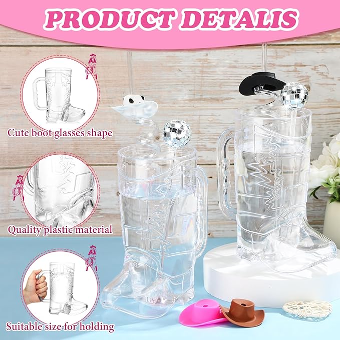 36 Pcs Cowboy Boot Glasses Bulk, 12 Cowboy Drink Mugs 12 Cowgirl Hat Straws 12 Mirror Disco Ball Stirrers for Western Theme Party Bachelorette Birthday Decorations(Clear)
