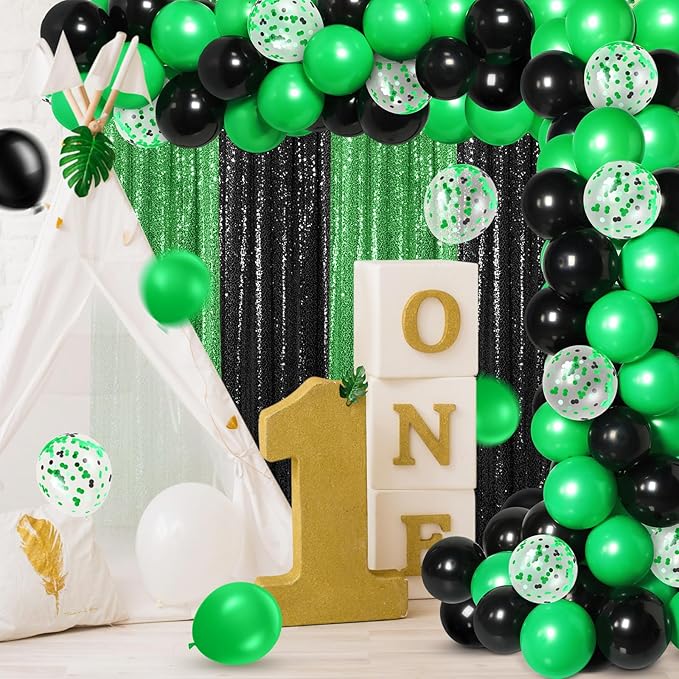 137 Pcs Green Black Party Backdrop Kits- 4 Sequin Curtains Backdrop 133 Balloon Arch Kit, Glitter Photo Background for Birthday Christmas New Year Eve Graduation Anniversary Baby Shower