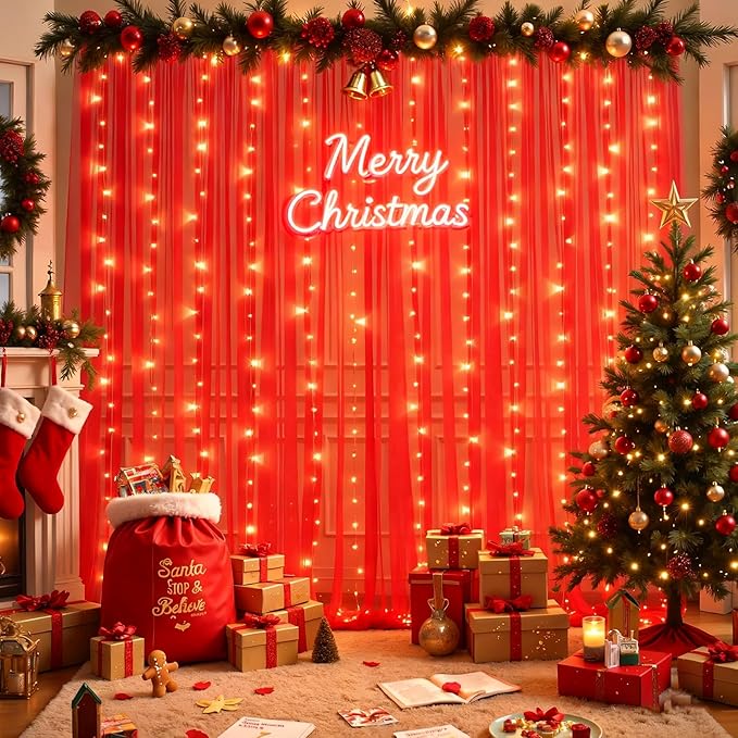 10x10ft Red Tulle Backdrop Curtain with Lights String for Parites, Sheer Photo Backdrop Curtains with Lights for Valentines Wedding Backdrop Ceremony Reception Bridal Baby Shower Birthday Party