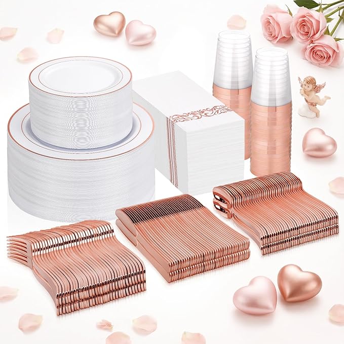 Supernal 400pcs Rose Gold Plastic Plates Disaposable Heavy Duty included Disposable Utensils& Plastic Party Plates Disaposable Party Cups and Napkins Sets for Wedding Party and Birthday