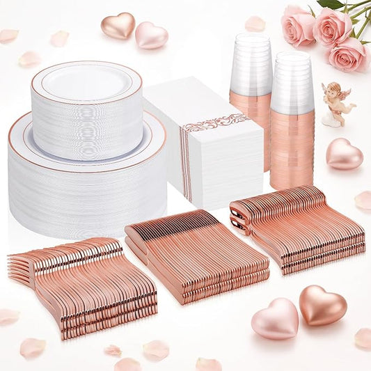 Supernal 400pcs Rose Gold Plastic Plates Disaposable Heavy Duty included Disposable Utensils& Plastic Party Plates Disaposable Party Cups and Napkins Sets for Wedding Party and Birthday