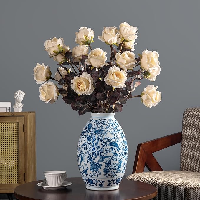 Artificial Flowers Artificial Roses 23.2In Fake Roses Long Stem Artificial Flowers for Tall Vase Silk Rose Suitable for Indoor Decor Wedding Party Decor DIY Bouquet Autumn (Milky White，20PCS)