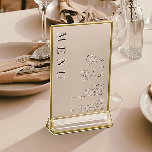 UNIQOOO Acrylic Sign Holders with Golden Border, Portrait View, Pack of 12 | 4x6 Inches Double Sided Clear Frame, Perfect for Wedding reception, Centerpiece, Decoration, Party,Anniversary, Event