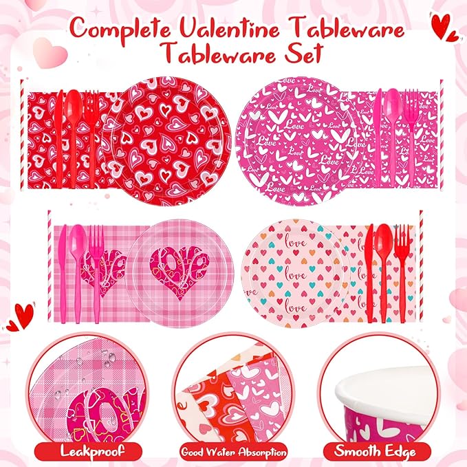 450 Pcs Valentines Tableware Set Decorations, Heart Love Design Paper Plates Napkins Cups Cutlery Straws for Kids Valentine's Day Galentines Day Party Supplies, Serves 50